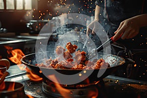 Generative AI Image of Chef Cooking Spicy Chicken on Stove with Hot Fire in Kitchen