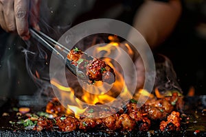 Generative AI Image of Chef Grilling Chicken on a Grill with Hot Fire Flame