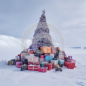 Generative AI image of a Christmas tree and presents on ice