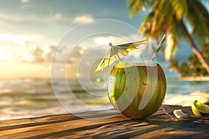 Generative AI Image of Coconut Drink on Wooden Table with Beach Sea Background in Summer