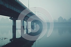 Generative AI Image of Cold Fog Mist in River with Bridge and Cityscape