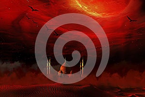 Generative AI Image of Commemorating Month of Asyura Muharram with Mosque in Desert with Red Sky photo