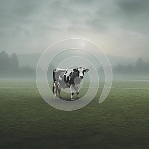 Generative AI image of a cow standing alone on a field in the fog