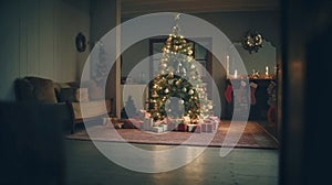 Generative AI image of a cozy Christmas interior with a tree