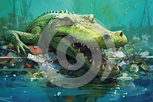 Generative AI image of a crocodile sitting on trash