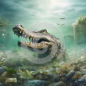 Generative AI image of of a crocodile sitting on trash