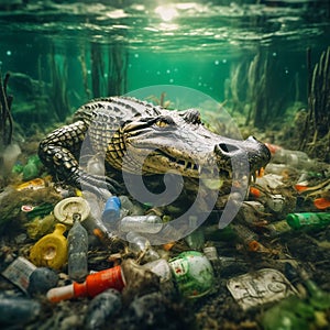 Generative AI image of of a crocodile sitting on trash