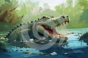 Generative AI image of of a crocodile sitting on trash