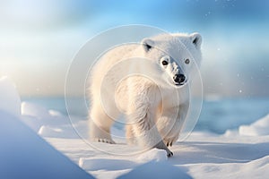 Generative AI Image of Cute Baby Polar Bear Walking on Frozen Ice in Winter