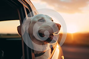 Generative Ai image of a cute happy dog looking out of car window