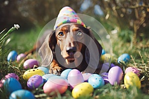 Generative Ai image of a dachshund wearing easter bunny ears