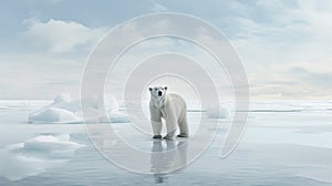 This generative AI image exhibits a polar bear on a small ice cap, surrounded by scattered small ice formations, indicative of photo