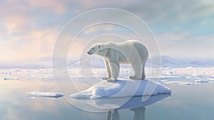 This generative AI image exhibits a polar bear on a small ice cap, surrounded by scattered small ice formations, indicative of photo