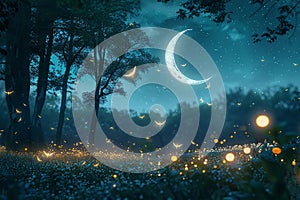 Generative AI Image of Fireflies and Dragonfly Flying in the Forest with Crescent Moon at Night
