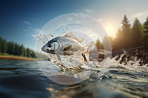 Generative AI Image of Fish Jumping Out of Water with Nature View in Bright Day