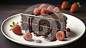 Generative AI image of a fresh chocolate and raspberry cake