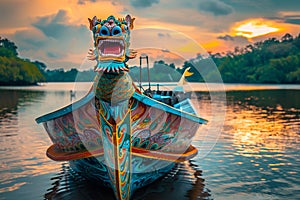 Generative AI Image of Front View of Dragon Boat on the Lake in Cultural Festival at Sunset