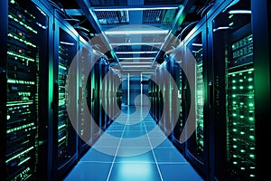 Generative AI Image of Futuristic Data Center in Server Room with Datum Information photo