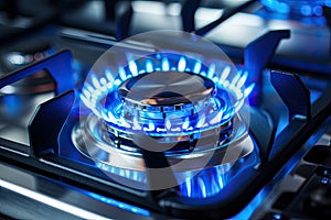 Generative AI Image Of Gas Cooker With Close Up On Hob Burner And Blue Flames