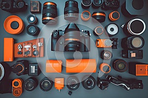 Generative Ai image of generic camera bodies and lenses in a flat lay