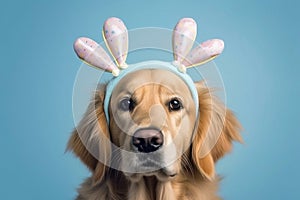 Generative Ai image of a golden retriever wearing easter bunny ears
