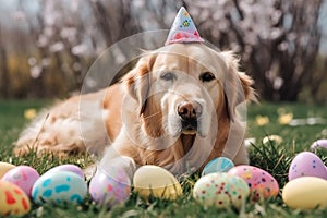 Generative Ai image of a golden retriever wearing easter bunny ears