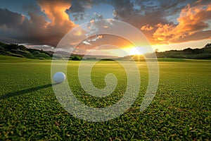 Generative AI Image of Golf Ball in Green Field with Sunlight at Sunrise