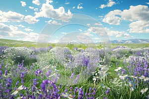 Generative AI Image of Grass with Lavender Plants in Meadow on Sunny Day