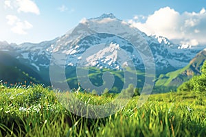 Generative AI Image of Green Grass in Meadow with Mountain View in Bright Day