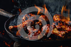 Generative AI Image of Grilled Chicken Food on a Grill with Hot Fire Flame