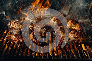 Generative AI Image of Grilled Chicken Food on a Grill with Hot Fire Flame