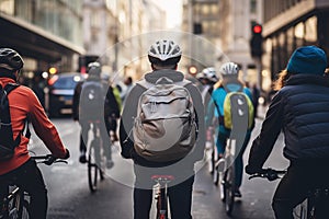 Generative AI Image Of Group Of Cyclists Commuting To Work Waiting At Traffic Light In City Viewed From Behind