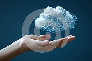 A hand holding a digital file, uploading downloading data to the cloud