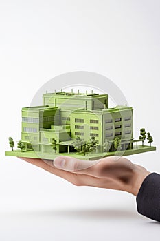 Generative AI Image Of Hand Holding Model Of Green Industry Factory Sustainable Carbon Offset Energy Environmental Impact