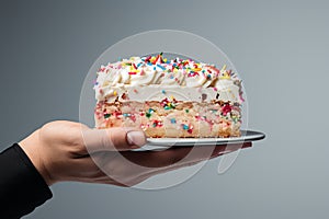 Generative AI Image of Hand Holding a Slice of Birthday Cake on Plain Background