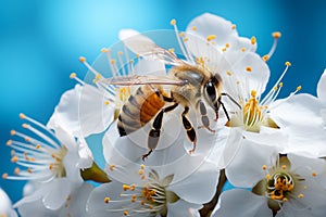 Generative AI Image Honey Bee Collecting Nectar from Apricot Flowers on a Blue Background