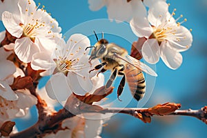 Generative AI Image Honey Bee Insect Collecting Nectar from Apricot Flowers on a Blue Background