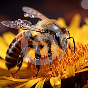 Generative AI Image Honey Bee Insect Collecting Pollen on a Yellow Flower