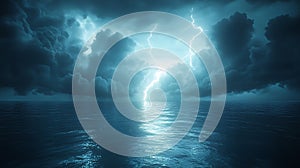 Generative AI Image of Horrible Storm on the Beach with Dark Clouds and Lightning Strike