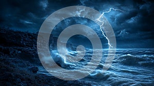 Generative AI Image of Horrible Storm with Lightning Strike on Ocean Waves with Cliff