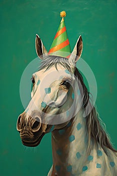 Generative AI image of a horse with party hat