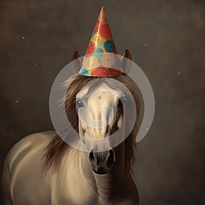 Generative AI image of a horse with a party hat