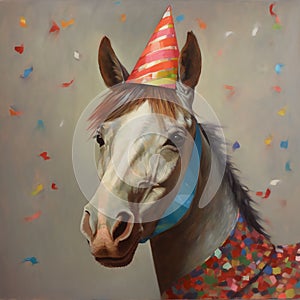 Generative AI image of a horse wearing a party hat