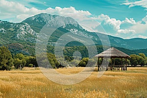 Generative AI Image of Hut in Wheat Pasture with Hill View in Bright Day