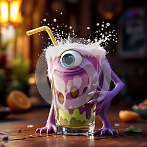 A whimsical monster smoothie with a big blue eye, purple and green swirls, and splashing foam, playfully holding its glass in a photo