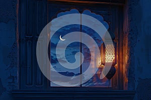 Generative AI Image of Islamic Lantern Hanging on a Window with Crescent Moon at Night