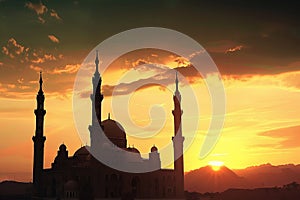 Generative AI Image of Islamic Mosque Building at Sunset in Commemoration of Muharram Asyura Month photo