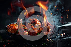 Generative AI Image of Korean Fried Chicken with Hot Fire Flame in Wok Pan