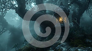 Generative AI Image of Lamp Lantern in Forest with Trees and Fire Light with Smoke at Night