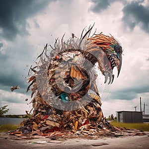 Generative AI image of a large monster made of trash